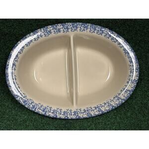 Gerald Henn Workshops Spongeware Oval Divided Dish BLUE Stoneware Roseville